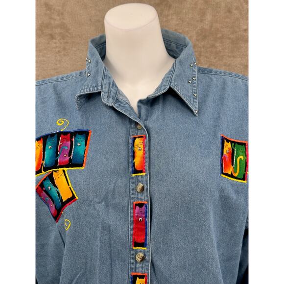 Tri-Mountain Top Womens XL Blue Button Up Tunic Denim Cat Lady Artsy 100% Cotton - Picture 2 of 12